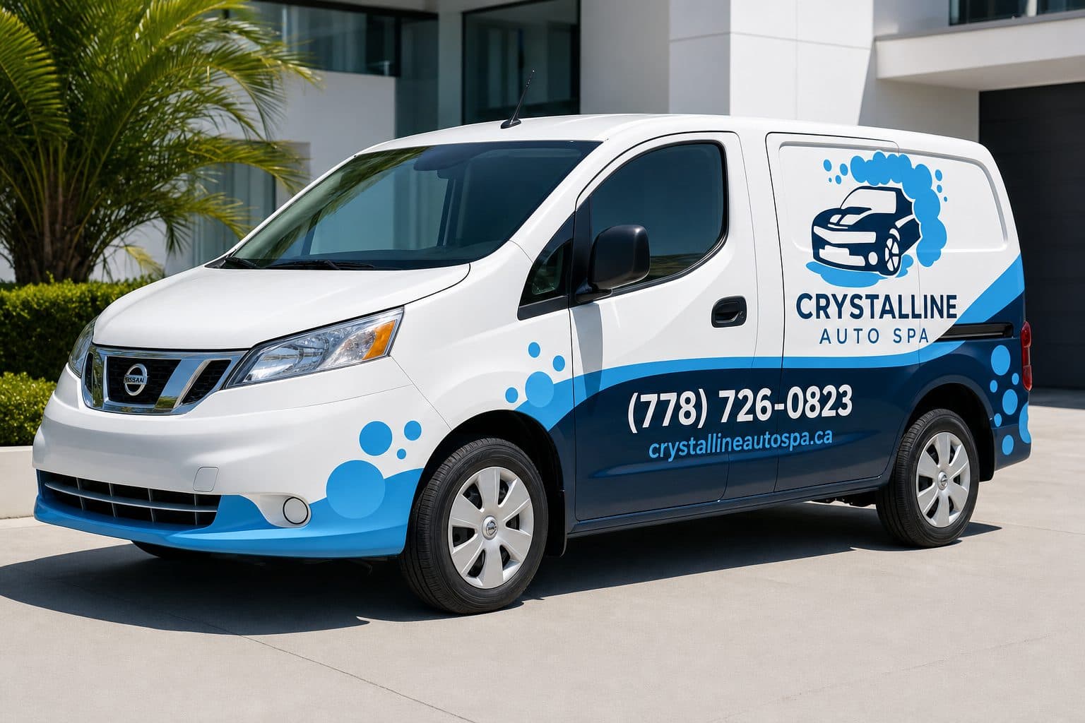 Branded Crystalline Auto Spa Nissan NV200 mobile detailing van with logo, phone number, and website