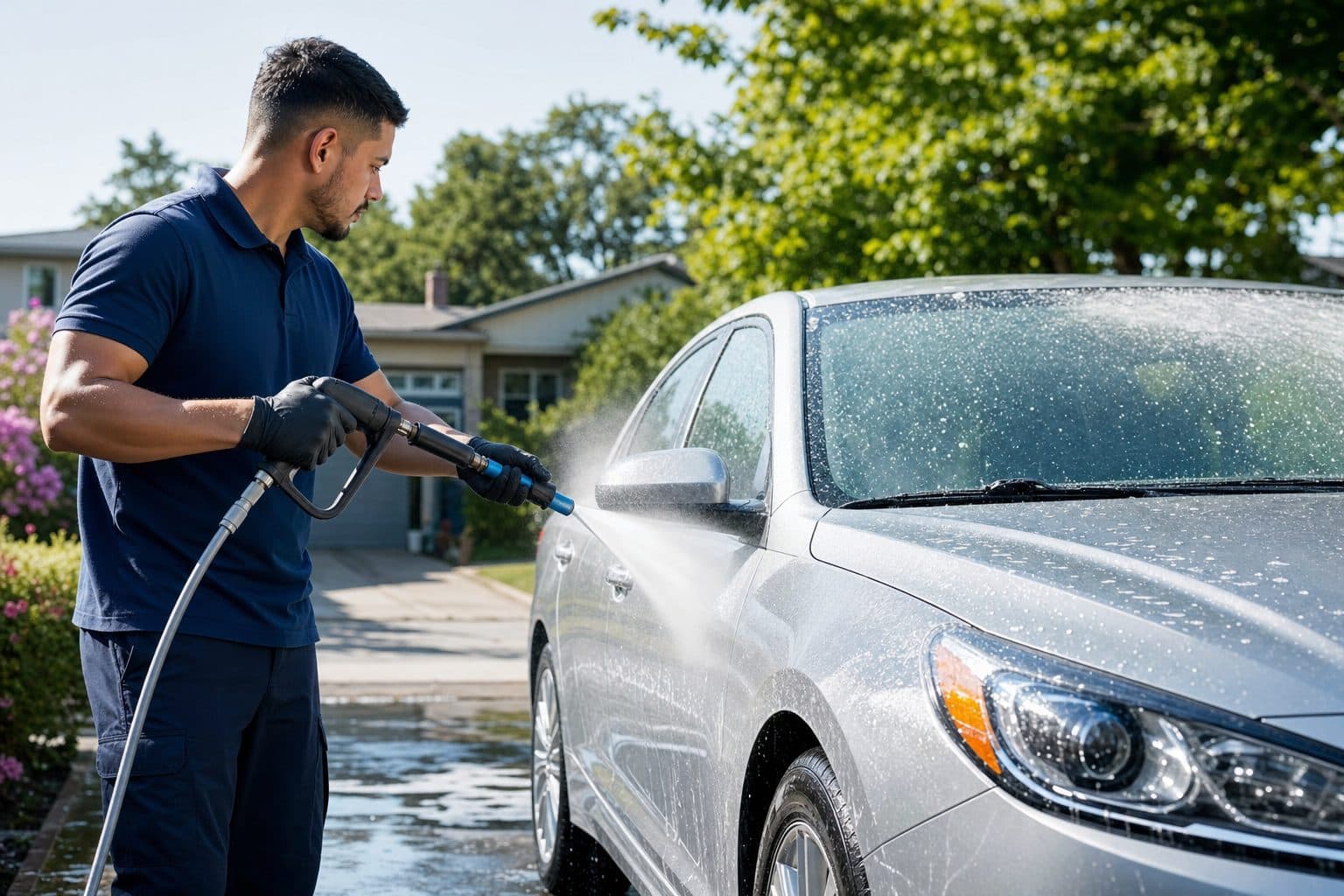 Crystalline detailer rinsing a silver sedan during an exterior wash in a driveway