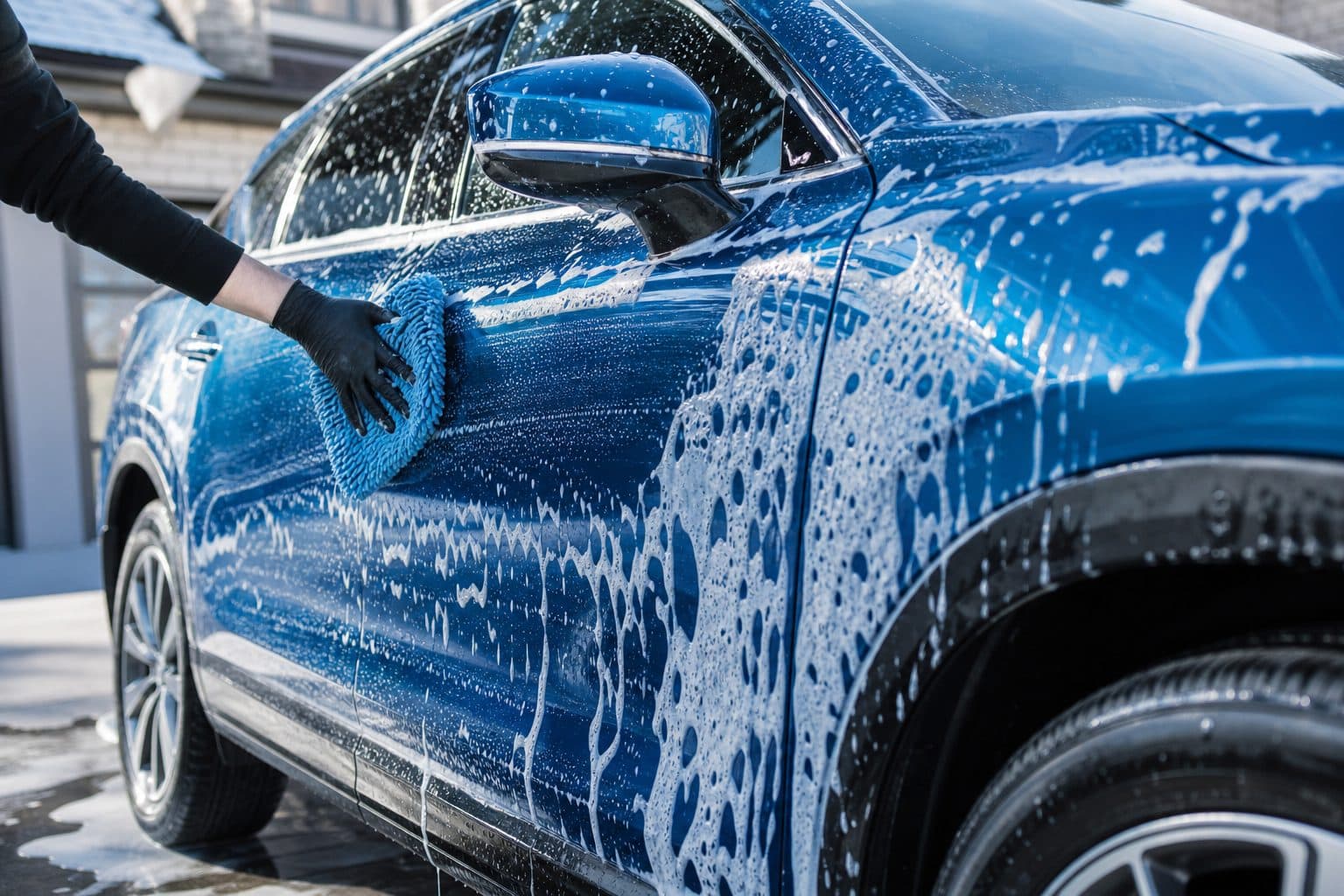 Hand-washing a foamy blue SUV with a wash mitt in a driveway