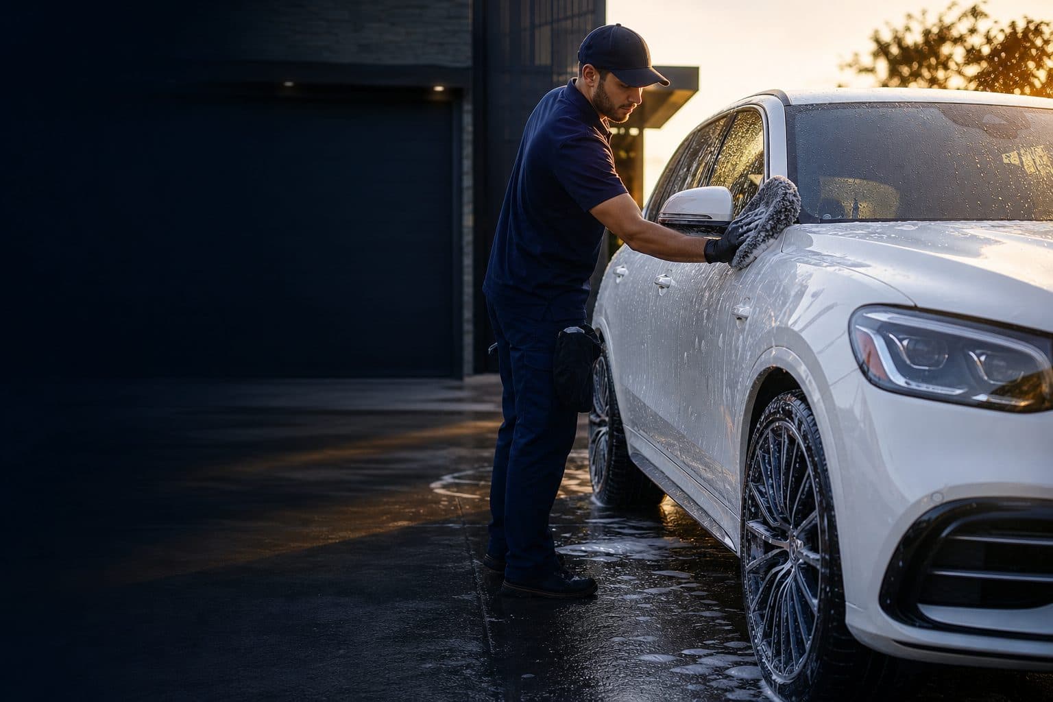 Crystalline Auto Spa detailer hand-washing a white luxury SUV in a driveway at golden hour