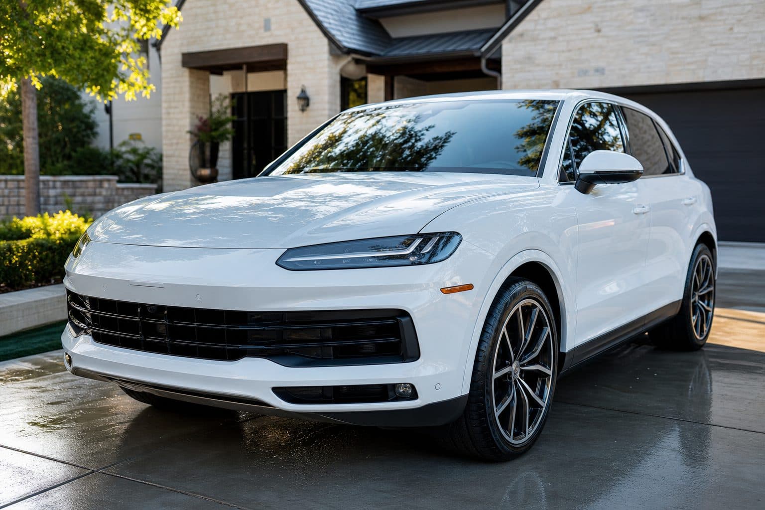 Glossy white SUV gleaming in a driveway after professional detailing